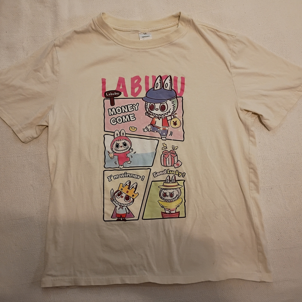 Labubu Cartoon Graphic Beige Cotton T-Shirt Medium Crew Neck Short Sleeve